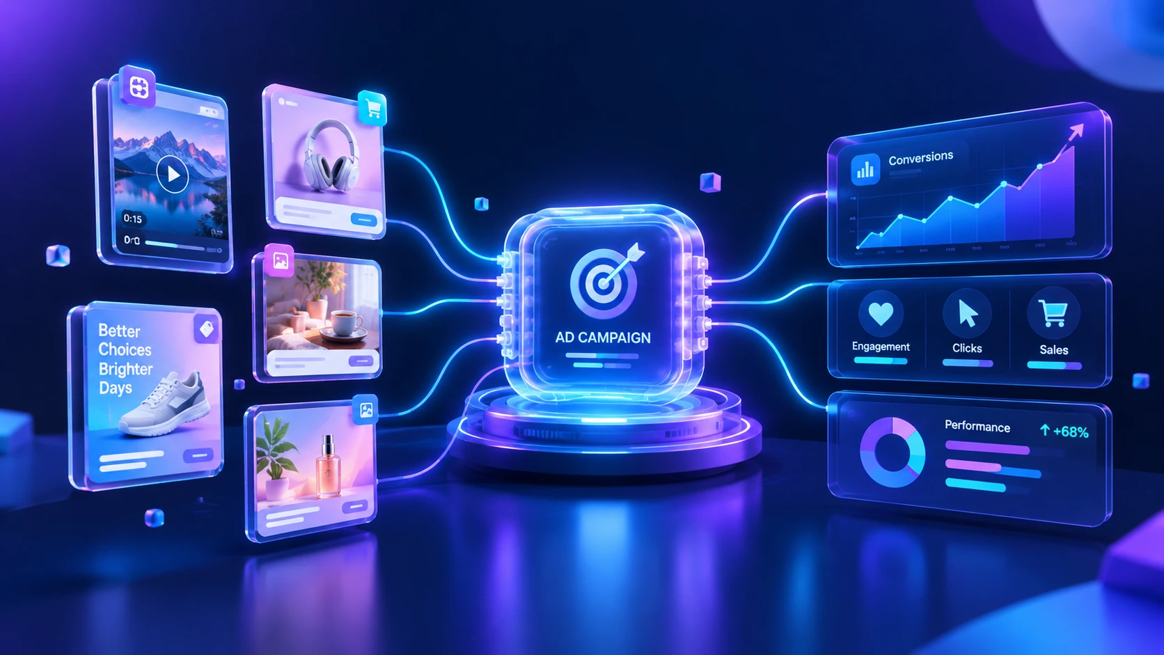 Create a premium futuristic 3D landscape illustration (16:9) representing Meta Andromeda 2026 and the evolution of creative strategy in digital advertising. Show a glowing AI-powered central advertising engine connected to multiple floating creative cards